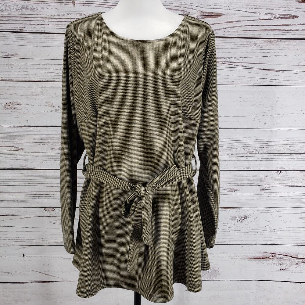 Agnes Orinda Green Black Hounds Tooth Belted long Sleeve Top Size 1X